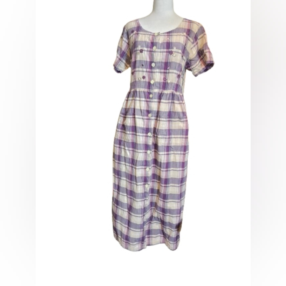Vintage Y2K Purple Plaid Prairie Dress Cottagecore Button Front Midi Cotton Sz L - Picture 2 of 9